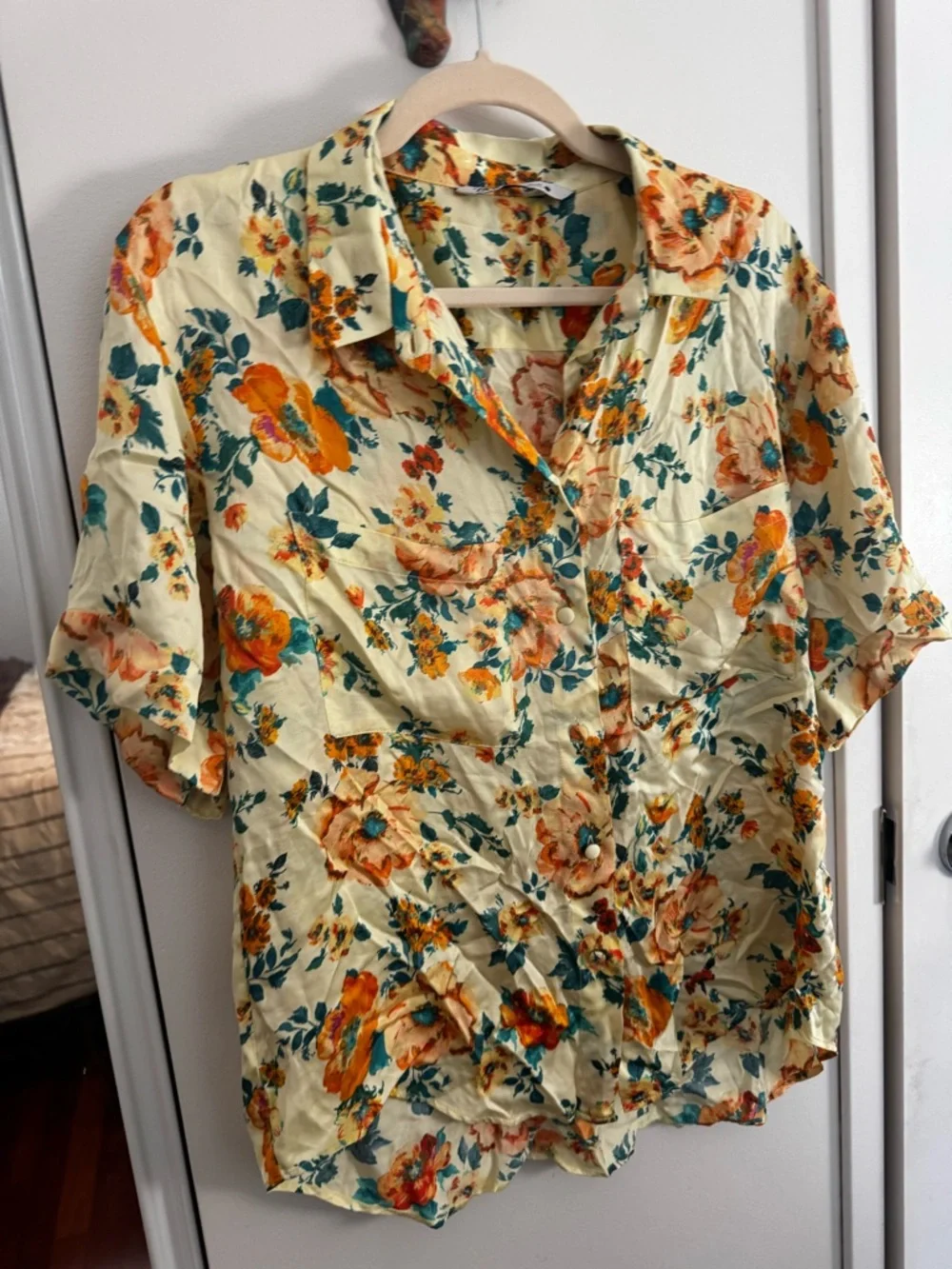 ZARA yellow floral silky button down top - Picture 7 of 8